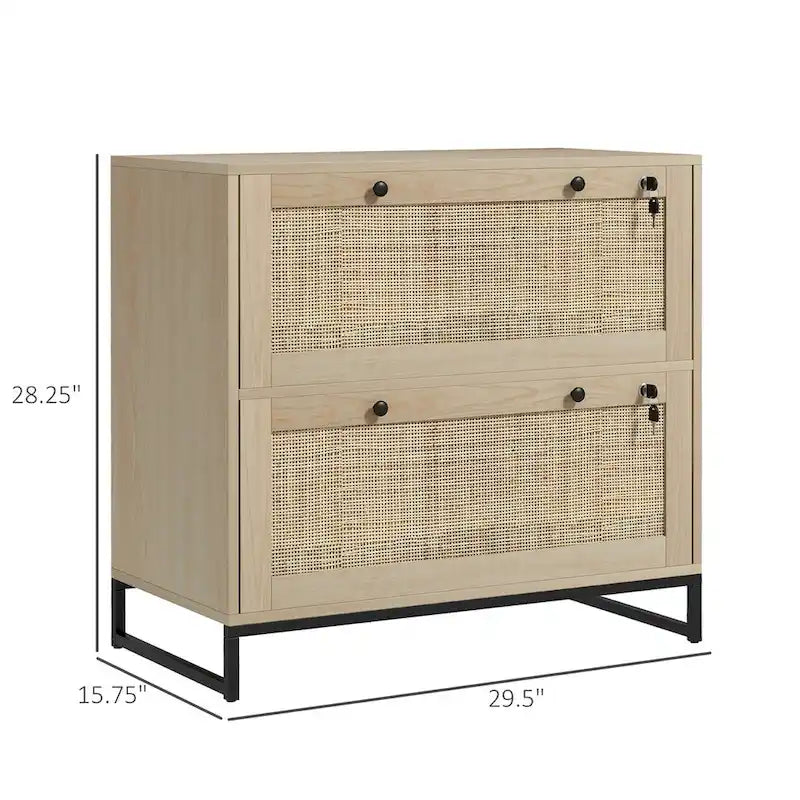 Meuble de classement à 2 tiroirs avec serrure et clés, tiroirs en rotin et barre de suspension réglable pour papier format lettre, A4 et légal, couleur naturelle