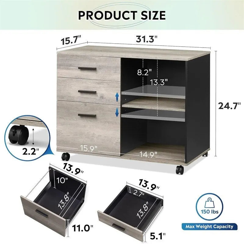 Meuble de classement en bois à 3 tiroirs - 15.7P x 31.3L x 24.7H