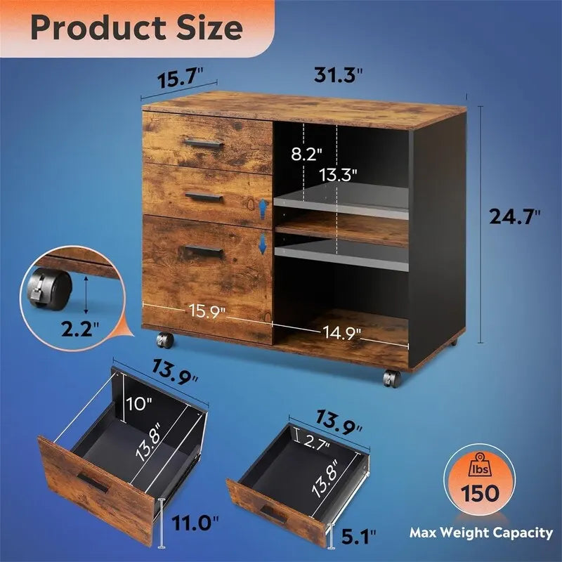 Meuble de classement en bois à 3 tiroirs - 15.7P x 31.3L x 24.7H