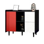 Sideboard Buffet Cabinet,Black Storage Cabinet with Red Doors,2 Drawers with unique panel styling and 2 Open Storage Compartment