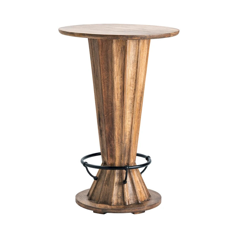 Table de pub ronde avec base en bois sablier et anneau repose-pieds – 71x71x107 cm, style rustique marron clair