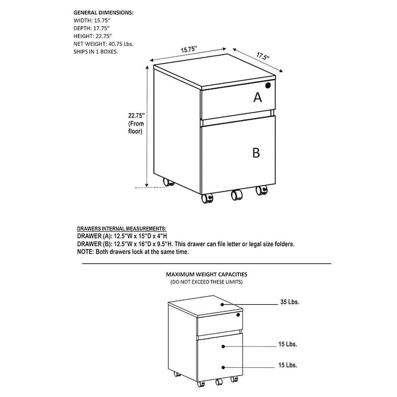 Classeur mobile à 2 tiroirs avec serrure – MDF gris veiné, 22,75H x 15,75W, Rangement de bureau