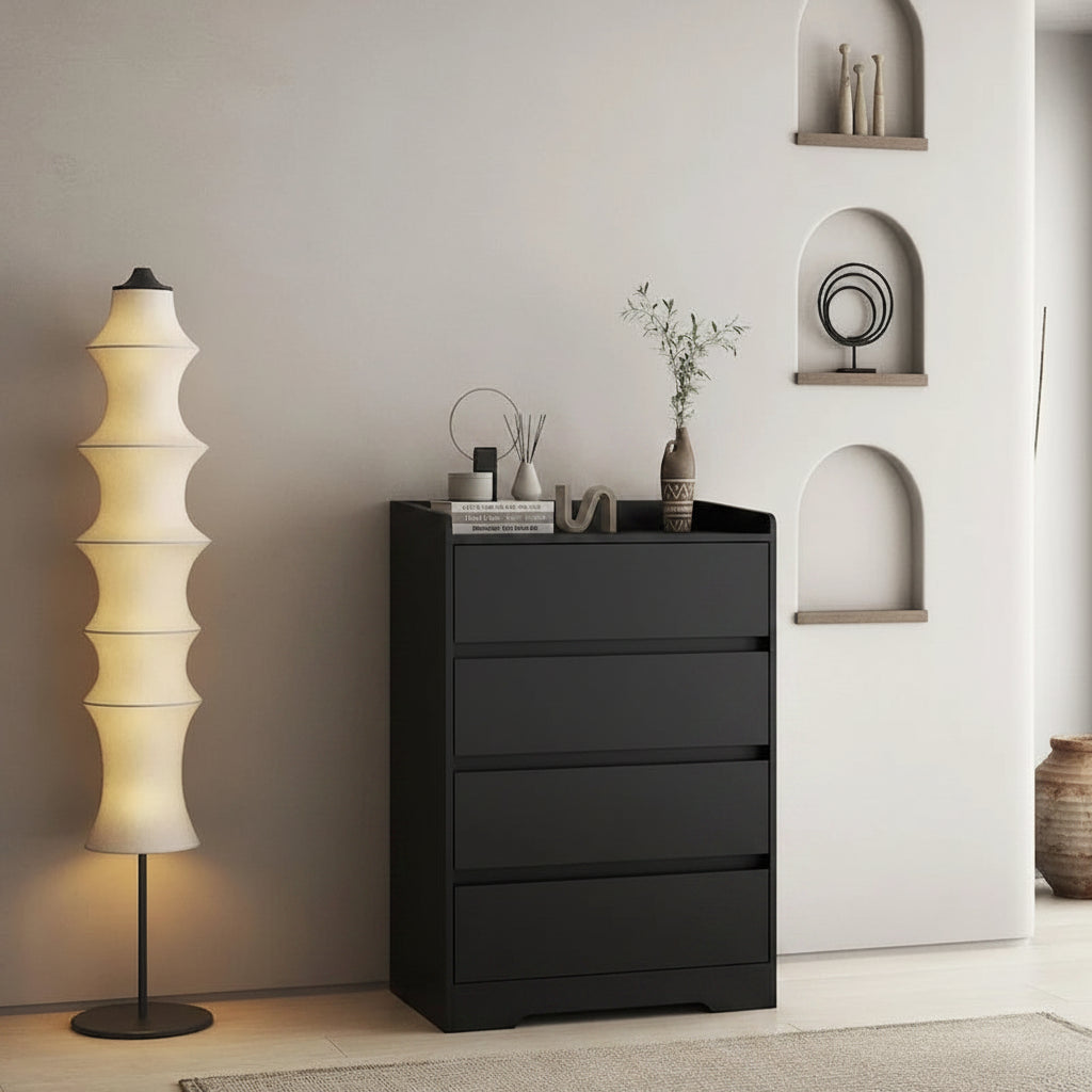 Commode Moderne en Bois à 4 Tiroirs – Panneau de Particules E1, Kit Anti-Basculement, 65 cm (L) x 97.5 cm (H)