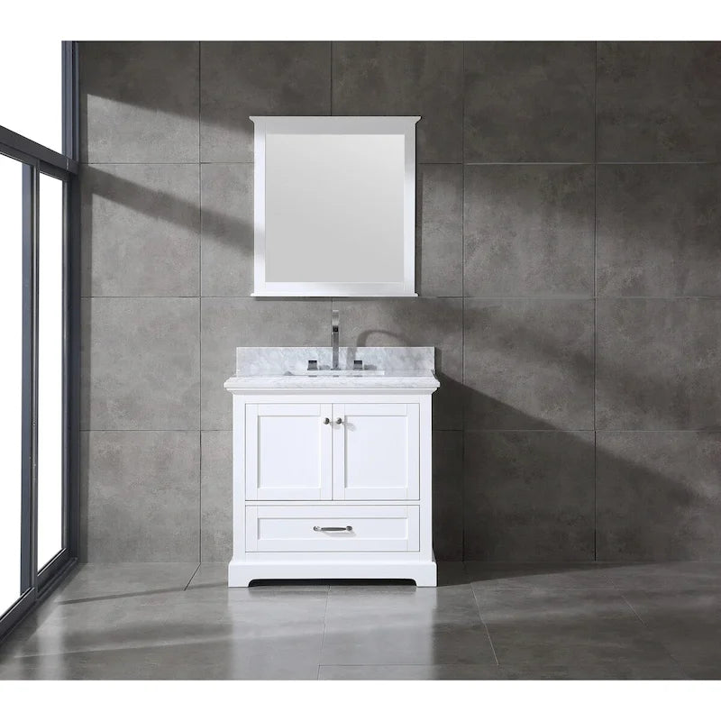 Meuble-lavabo de salle de bain 36" en bois massif – dessus en marbre de Carrare, évier sous plan, fermeture douce, nickel brossé