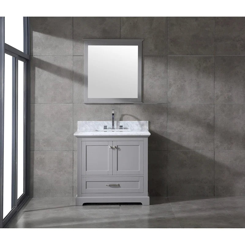 Meuble-lavabo de salle de bain 36" en bois massif – dessus en marbre de Carrare, évier sous plan, fermeture douce, nickel brossé