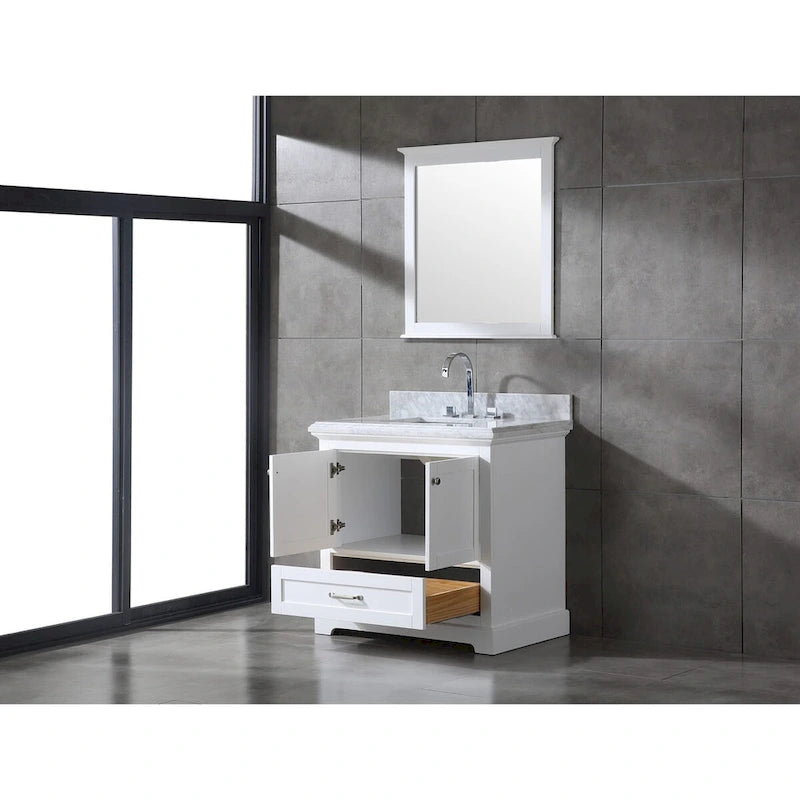 Meuble-lavabo de salle de bain 36" en bois massif – dessus en marbre de Carrare, évier sous plan, fermeture douce, nickel brossé