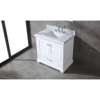 Meuble-lavabo de salle de bain 36" en bois massif – dessus en marbre de Carrare, évier sous plan, fermeture douce, nickel brossé