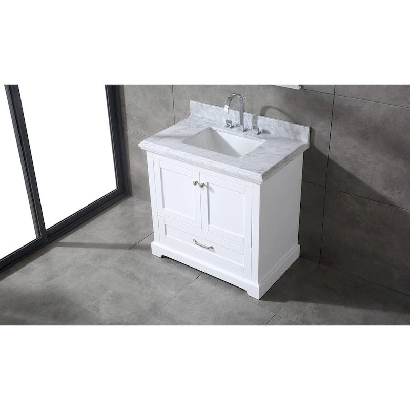 Meuble-lavabo de salle de bain 36" en bois massif – dessus en marbre de Carrare, évier sous plan, fermeture douce, nickel brossé