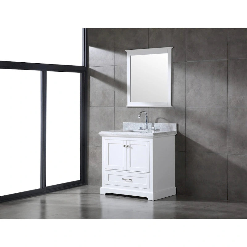Meuble-lavabo de salle de bain 36" en bois massif – dessus en marbre de Carrare, évier sous plan, fermeture douce, nickel brossé