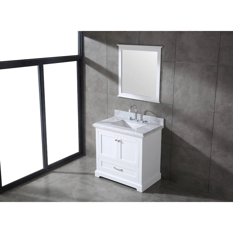 Meuble-lavabo de salle de bain 36" en bois massif – dessus en marbre de Carrare, évier sous plan, fermeture douce, nickel brossé