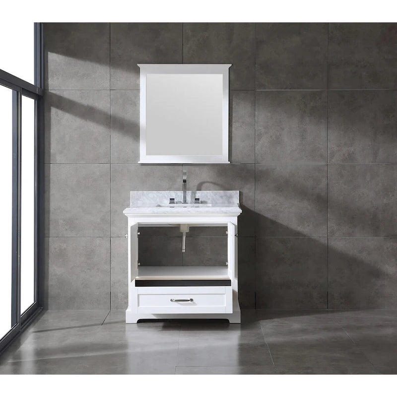 Meuble-lavabo de salle de bain 36" en bois massif – dessus en marbre de Carrare, évier sous plan, fermeture douce, nickel brossé