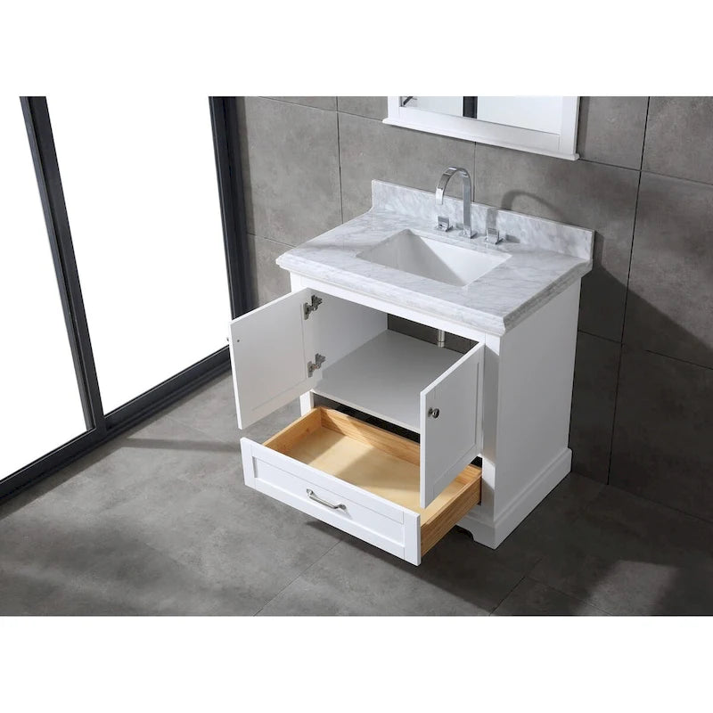 Meuble-lavabo de salle de bain 36" en bois massif – dessus en marbre de Carrare, évier sous plan, fermeture douce, nickel brossé