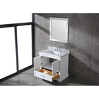 Meuble-lavabo de salle de bain 36" en bois massif – dessus en marbre de Carrare, évier sous plan, fermeture douce, nickel brossé