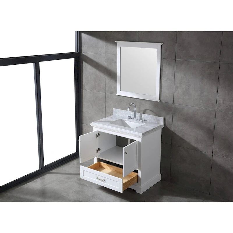 Meuble-lavabo de salle de bain 36" en bois massif – dessus en marbre de Carrare, évier sous plan, fermeture douce, nickel brossé
