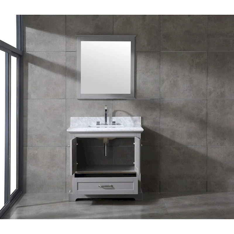 Meuble-lavabo de salle de bain 36" en bois massif – dessus en marbre de Carrare, évier sous plan, fermeture douce, nickel brossé