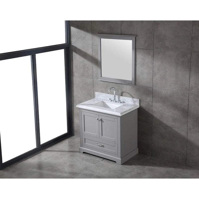 Meuble-lavabo de salle de bain 36" en bois massif – dessus en marbre de Carrare, évier sous plan, fermeture douce, nickel brossé