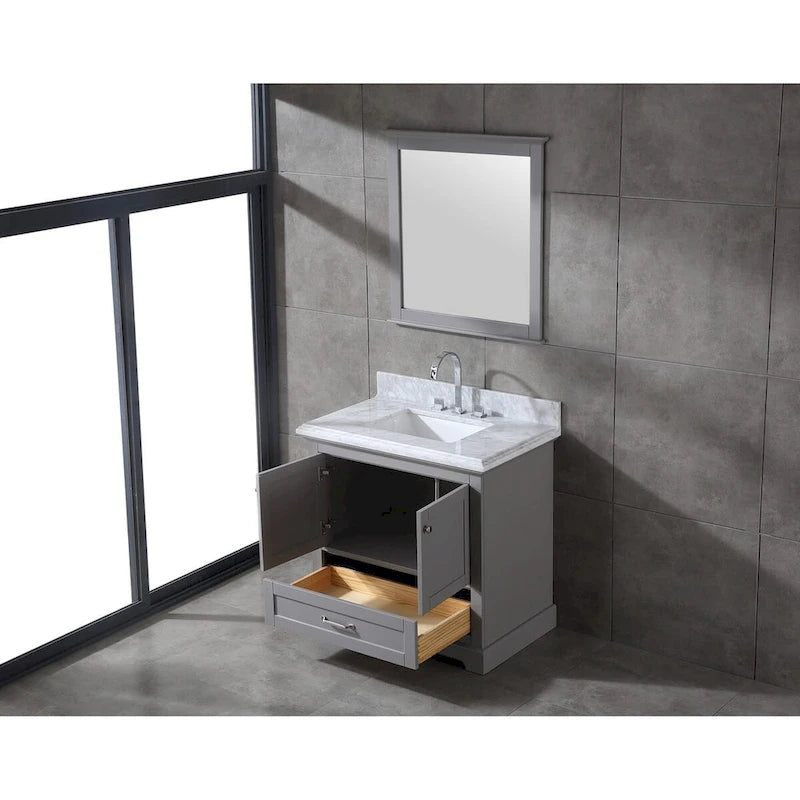 Meuble-lavabo de salle de bain 36" en bois massif – dessus en marbre de Carrare, évier sous plan, fermeture douce, nickel brossé