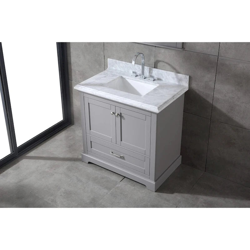 Meuble-lavabo de salle de bain 36" en bois massif – dessus en marbre de Carrare, évier sous plan, fermeture douce, nickel brossé