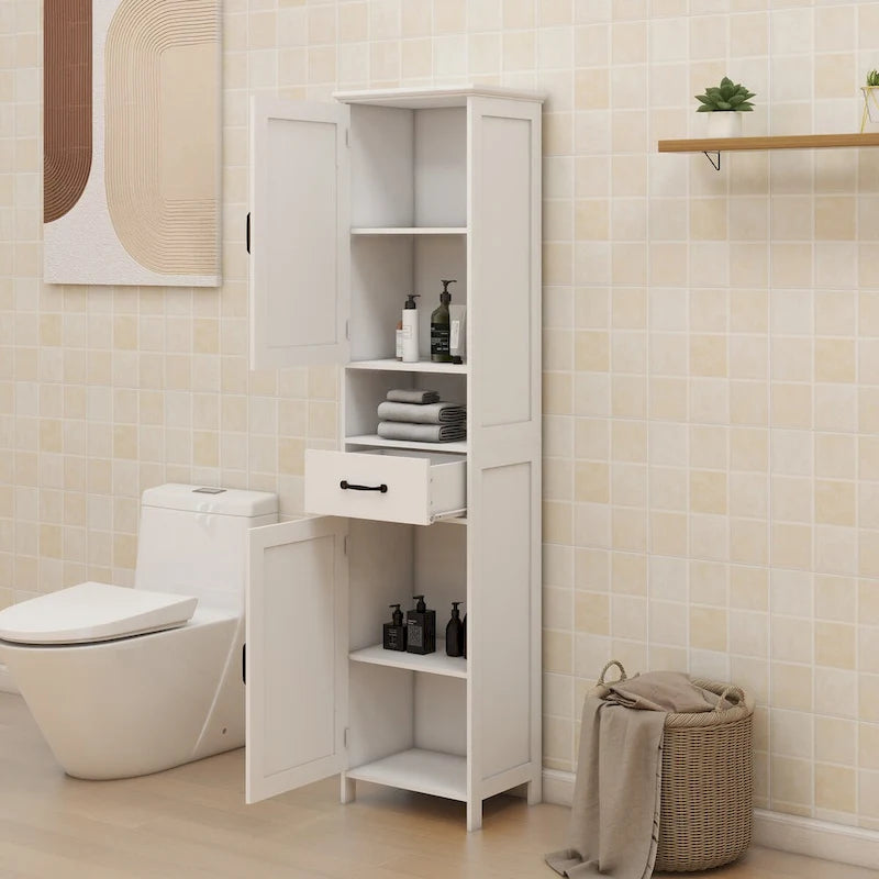 Meuble de rangement haut de salle de bain, armoire étroite à double porte, meuble sur pied fin