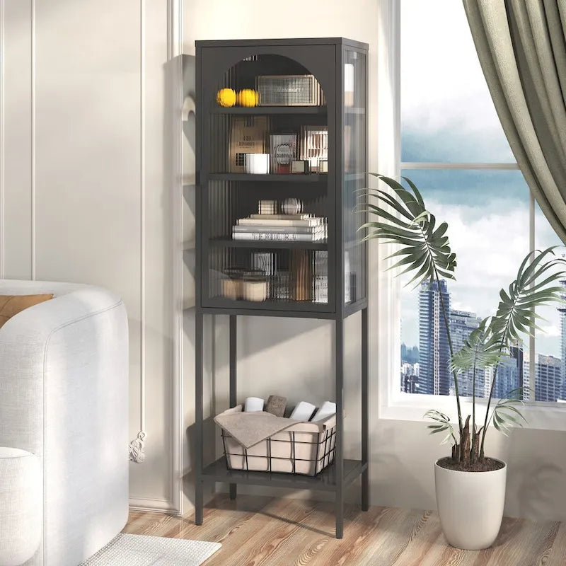 Vitrine de rangement en métal et verre - Bibliothèque cubique à 5 niveaux avec 3 étagères réglables
