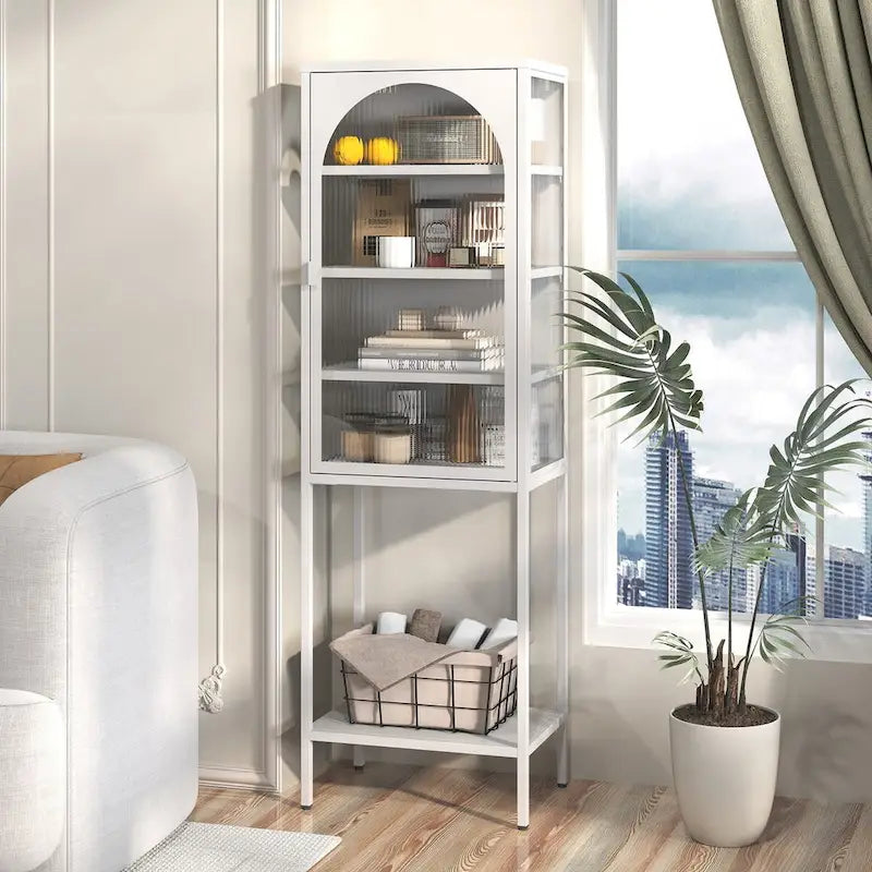 Vitrine de rangement en métal et verre - Bibliothèque cubique à 5 niveaux avec 3 étagères réglables